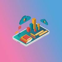 E-learning concept. Isometric mobile or smartphone, pencil, graph, book ,and cloud computing for study on blue and pink background Online study from home. Online course. vector