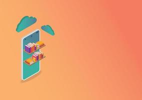 E-learning concept. Isometric mobile or smartphone and cloud computing for study on orange background Online study from home. Online course. E-book store. vector