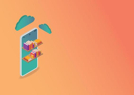 E-learning concept. Isometric mobile or smartphone and cloud computing for study on orange background Online study from home. Online course. E-book store.