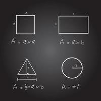Hand written formula area of rectangular, triangle and circle on black background. Equation area of mathematics. Education and learning concept. vector