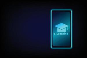 concepto de aprendizaje y tecnología. móvil de brillo azul con un gorro de graduación sobre fondo oscuro. e-learning y educación en línea. vector