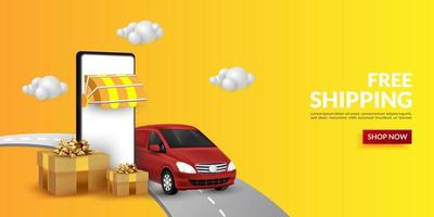 fondo de compras en línea, con una ilustración de una entrega de bienes usando una furgoneta, para marketing digital en sitio web, banner y aplicación móvil vector