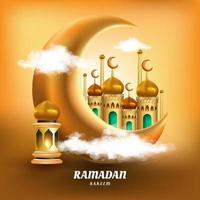 ilustración de fondo de ramadán kareem. Media luna dorada 3d con nubes y mezquita. vector