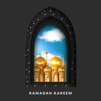 tarjeta de felicitación ramadan kareem con ventana árabe y diseño de mezquita vector