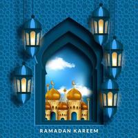 ramadan kareem banner o tarjeta de saludo con ventana árabe cortada en papel, nubes, linterna y mezquita