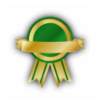 Round green and gold vector badge with ribbon on white background