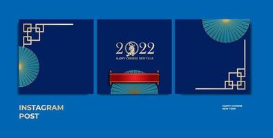 blue color instagram post vector design, chinese new year symbol with ornament frame and red envelope.