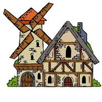 European farm medieval building. Mill for making flour from grain. Farming environment. Agriculture windmill made of bricks. Outline cartoon town vector