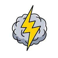 Overcast weather. Gray cloud with lightning. Cartoon thundercloud. Isolated vector illustration