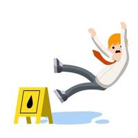 Man slipped on wet floor. Danger and risk. Sliding on puddle of water. Mistake and falling. Flat cartoon illustration vector
