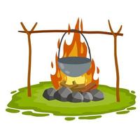 Cooking on fire in pot. cauldron and campfire. Hot red and orange flames. vector