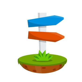 Path pointer with blue and red plate. Direction way. Green grass. vector