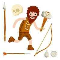 Primitive caveman. Prehistoric hunter. Cartoon flat. Spear, skull and bow. vector