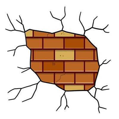 Damaged Brick wall. Broken plaster with cracks.