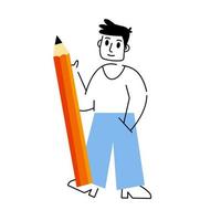 Man with large red pencil. Outline Creative profession artist. Drawing lessons. Writing supplies. Linear geometric abstract character. Trendy cartoon vector