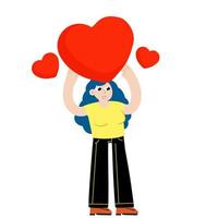 Woman stand with heart. Young female character. Romance and love. Girl with a cute gift. Flat cartoon illustration vector
