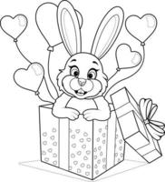 Coloring page. Romantic pink rabbit in a gift box with balloons vector