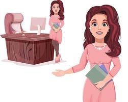 A beautiful business girl with notebooks stands near the office table. Cartoon character vector