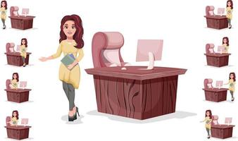 A beautiful business girl with notebooks stands near the office table. Set of 9 pictures. Cartoon character vector