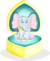 A cute and enamored elephant sits in a box with a ring. Declaration of love vector