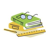 Book in cartoon style. Education and knowledge. Details of school and study. Closed cover. Modern trendy design. Glasses and writing materials vector