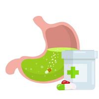 Stomach and pill. Dissolving drug. Disease of human internal organ. Cartoon flat illustration. Taking medicine vector