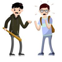 The problem of urban security. Robbery guy. A criminal with baseball bat. Scared man and extortion money. Rebel and riot vector