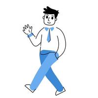 Man walk on white background. Gesture of greeting. Modern trendy geometric fat character. Outline cartoon illustration on white background vector