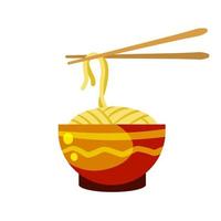 Asian noodles in clay bowl. Oriental cuisine. vector