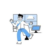 Man in office. Businessman goes to work. Outline happy business character at work. Linear interior of office with desk and computer. Modern cartoon isolated on white vector