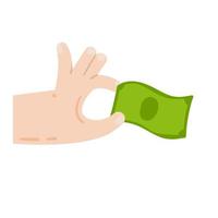 Hand holding or giving cash. Green money bill. Payment for product. Money investments. Modern trendy flat cartoon vector