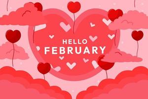 Festive Hello February Vector Design with Clouds and Love Balloons