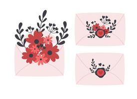 Envelope with flowers, leaves and branches. Love, romantic, Valentines day, wedding vector