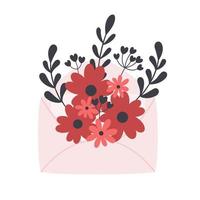 Envelope with flowers, leaves and branches. Valentines day vector