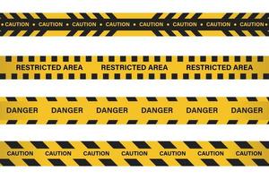 Restricted area, danger tape with yellow and black color. Caution tape for police, accident, under construction, website. Vector warning sign set. Caution tape set with black and yellow warning tape.