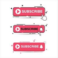 Subscribe button set with red color. Subscribe button flat design collection. Stylish red color button collection for social media posts. Subscribe button with bell icon, play icon and click icon. vector