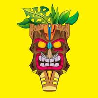 Design of trendy hawaii wooden tiki mask for surfing bar. Traditional ethnic idol and hawaiian surf, maori or polynesian vector