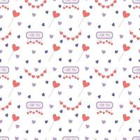 Seamless pattern with garlands, hearts, lollipops and I love you signs  on white. Great for fabrics,  Valentine's day  wrapping papers. vector