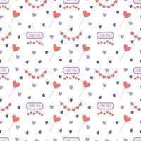 Seamless pattern with garlands, hearts, lollipops and I love you signs  on white. Great for fabrics,  Valentine's day  wrapping papers. vector
