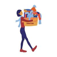 Woman bringing her clothes and other items to charity. Box with a bunny, books, clothes, a knitted hat. Donation concept. Mindful lifestyle. . vector