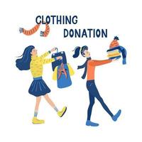 Clothing donation. Lettering and illustration isolated on white background. Women bringing their used clothes to charity. Mindful lifestyle. vector