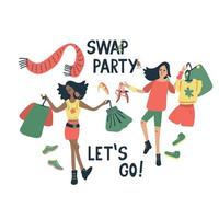 Swap party lets go. Vector illustration of young women different ethnicity with clothes,shoes and accessories for exchange. Hand drawn illustration and lettering Isolated on white