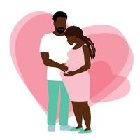 joven pareja negra esperando un bebé. abrazo de una amada mujer embarazada. feliz pareja de esposos. corazón rosa en el fondo. vector