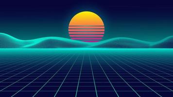 Futuristic retro landscape with sun and mountains. vector