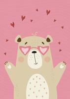 lindo oso enamorado feliz en vasos con corazones sobre fondo decorativo rosa. ilustración vectorial afiche vertical de san valentín para el diseño, decoración de la habitación, tarjetas de felicitación del día de san valentín, colección para niños