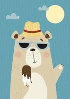 Vertical poster with cute bear in hat and sunglasses with ice cream on blue background with sun and clouds. Vector illustration. For design, print, nursery, room decor, postcards, kids collection