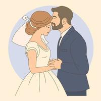Young and cheerful just married couple, First meet of bride and groom. vector