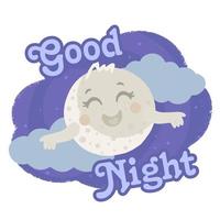 Cute sleeping crescent moon in the night sky with inscription, good night. vector