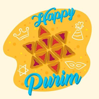 Happy Purim.  Jewish Holiday poster with star of David, traditional hamantaschen cookies.