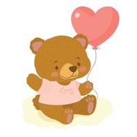 oso de peluche de san valentín colgando un globo con forma de corazón. vector